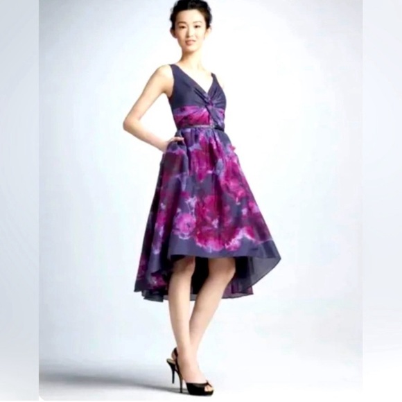 Lela Rose Neiman Marcus Watercolor Purple Floral Midi Dress Size 8 - Picture 1 of 15